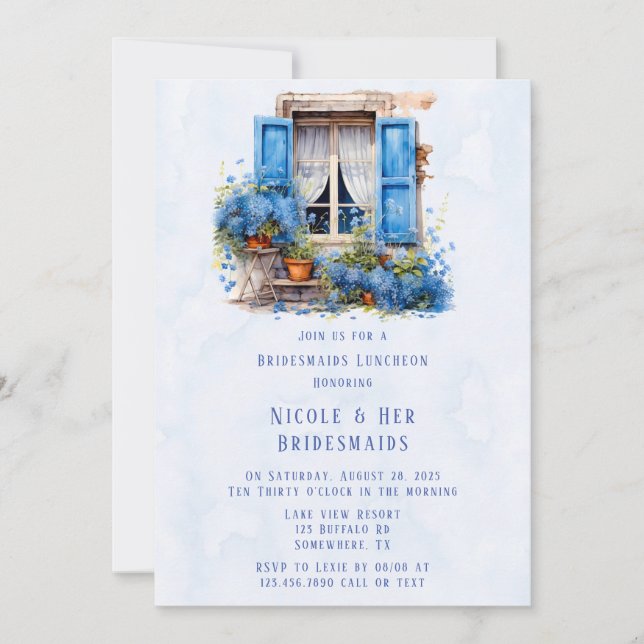 Invitation Fenêtre Vue Blue Floral Bridesservantes Déjeuner (Devant)