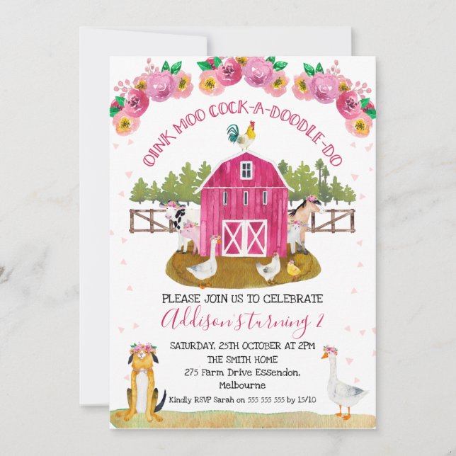 Invitation Ferme à Grange Rose Hot Animaux de la ferme Annive (Devant)