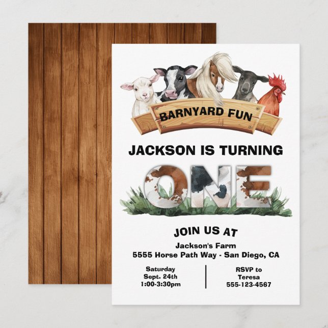 Invitation Ferme Animaux Barnyard Rustique Signal Anniversair (Devant / Derrière)