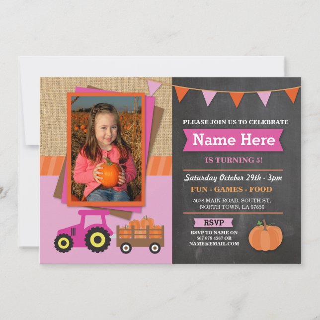 Invitation Ferme Anniversaire Citrouille Tracteur Photo Invit (Devant)