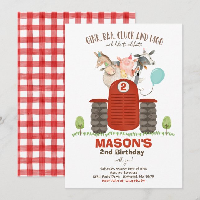 Invitation Ferme Anniversaire Garçon Vieux MacDonald Barnyard (Devant / Derrière)