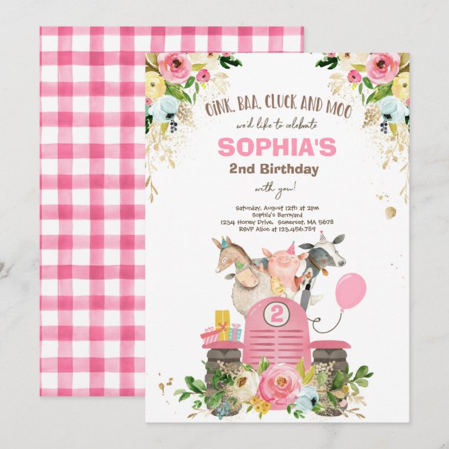 Invitation Ferme Anniversaire Rose Vieux MacDonald Barnyard P (Devant / Derrière)