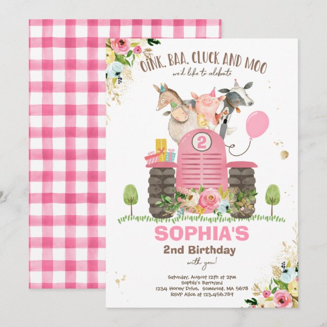 Invitation Ferme Anniversaire Rose Vieux MacDonald Barnyard P (Devant / Derrière)