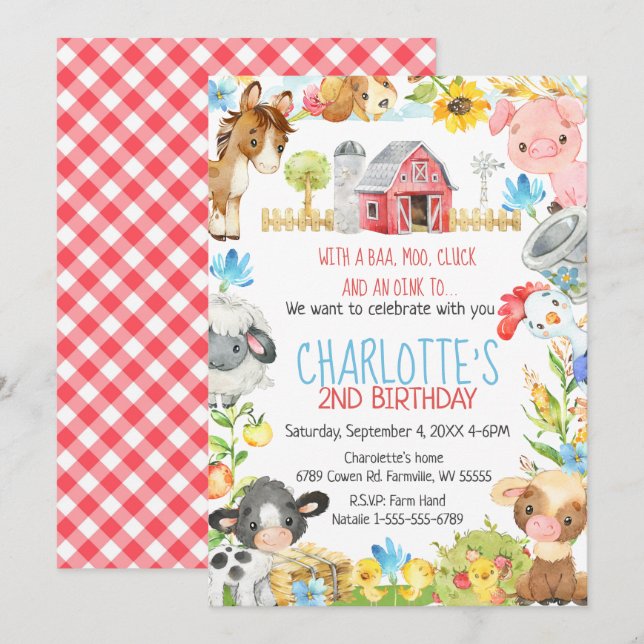 Invitation Ferme Barnyard Animal Anniversaire (Devant / Derrière)