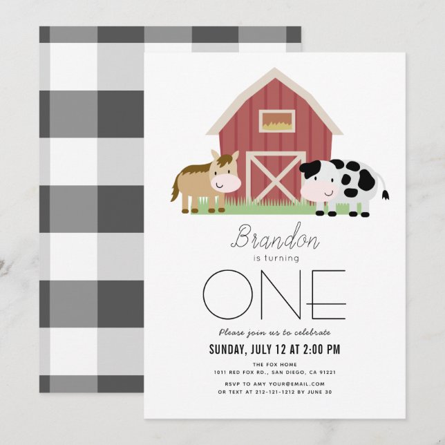 Invitation Ferme Barnyard Blanc Sexe neutre 1er anniversaire  (Devant / Derrière)