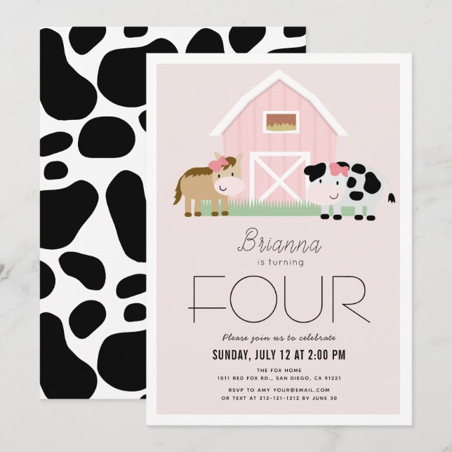 Invitation Ferme Barnyard Rose Girl Anniversaire (Devant / Derrière)