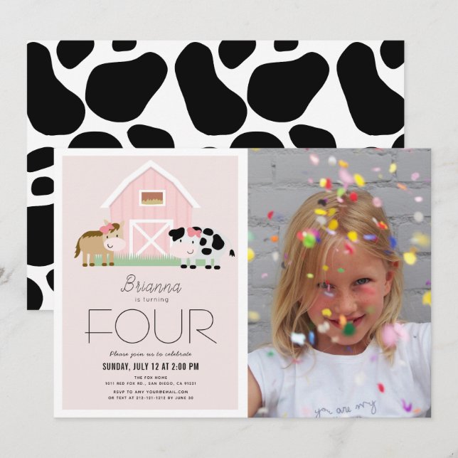 Invitation Ferme Barnyard Rose Girl Photo Anniversaire (Devant / Derrière)