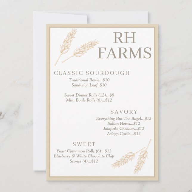 Invitation Ferme Blé Stalks Boulangerie Prix Personnalisé (Devant)