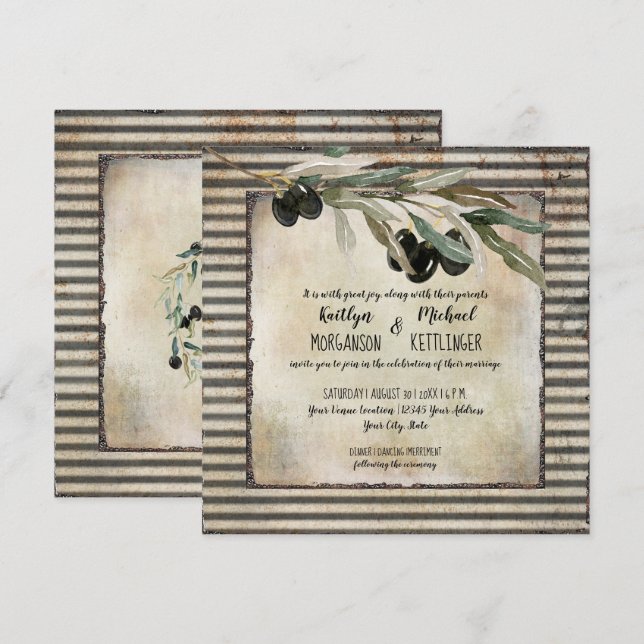Invitation Ferme d'aquarelle à feuilles d'olive rustique Vint (Devant / Derrière)