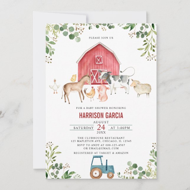 Invitation Ferme de Barnyard Baby shower animal neutre selon  (Devant)