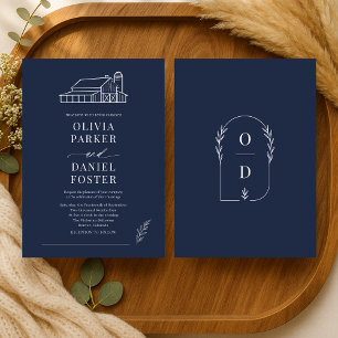 Invitation Ferme de mariage à l'aquarelle bleue marine Ligne 
