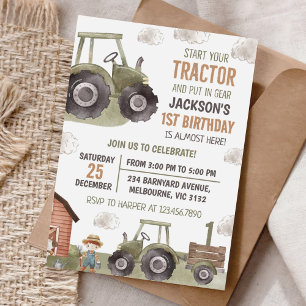 Invitation Ferme de tracteur aquarelle 1er anniversaire