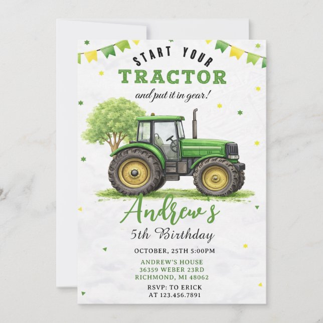 Invitation Ferme de tracteur vert personnel pour anniversaire (Devant)