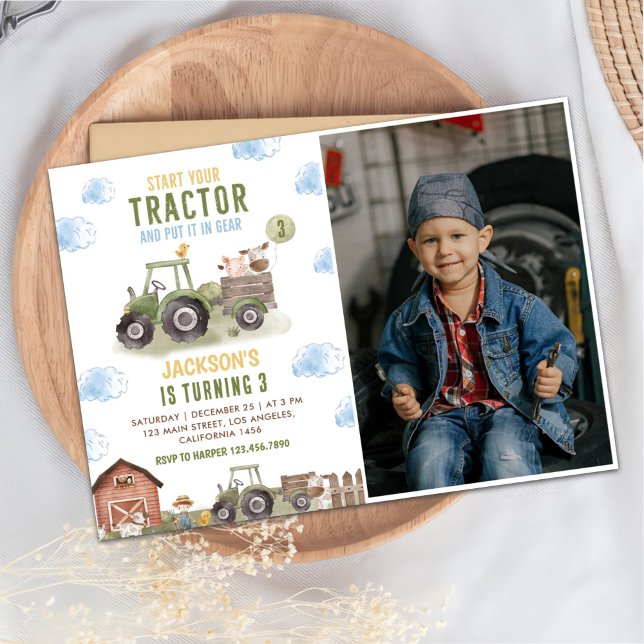 Invitation Ferme de tracteurs verts, fête d'anniversaire Phot (Créateur téléchargé)