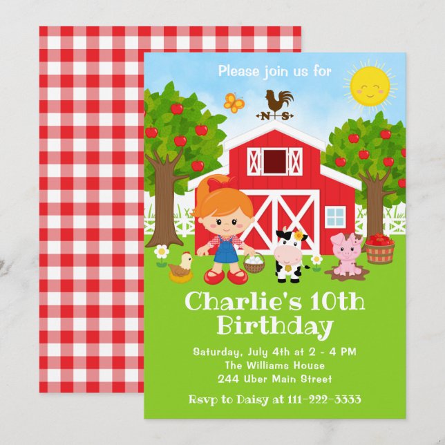 Invitation Ferme Red Barnyard Anniversaire Red Hair Girl (Devant / Derrière)