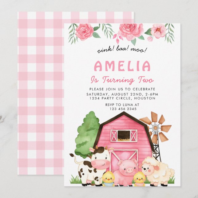 Invitation ferme rose Animaux 2e anniversaire Fille de fête (Devant / Derrière)