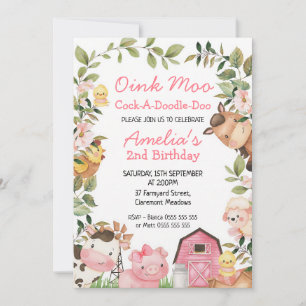 Invitation Ferme rose Animaux Fille Anniversaire