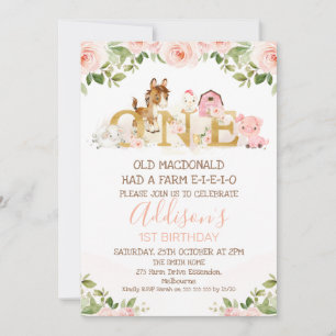 Invitation Ferme rose Floral Girls 1er Anniversaire Invitatio