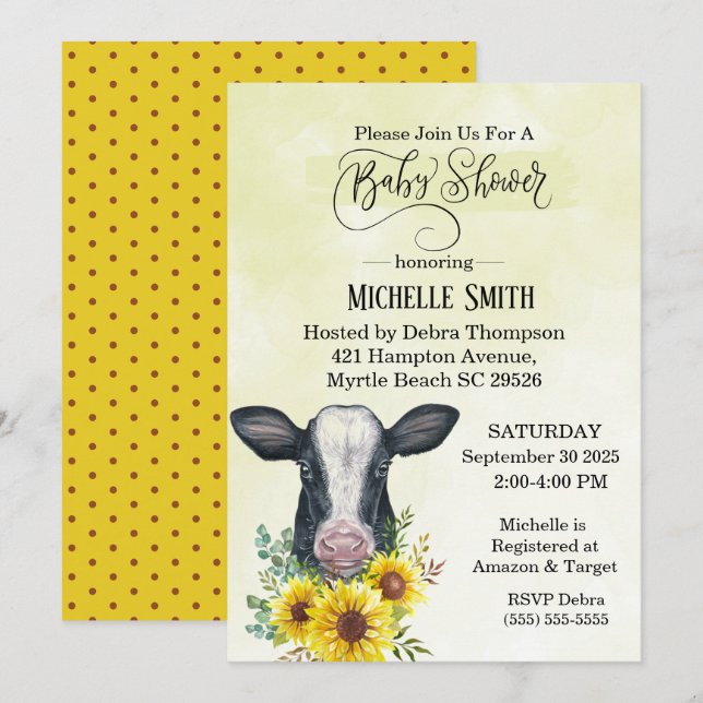Invitation Ferme Vache noire Baby shower de tournesol jaune (Devant / Derrière)