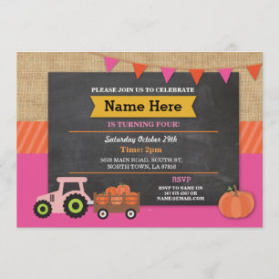 Invitation Ferme Yard Fête d'anniversaire Citrouille Tracteur