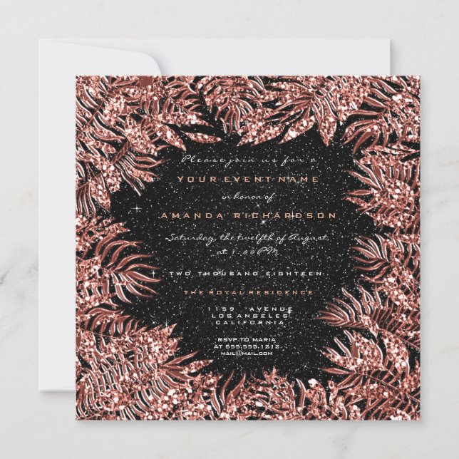 Invitation Fern Feuilles Cadre Rose or cuivre noir Parties sc (Devant)