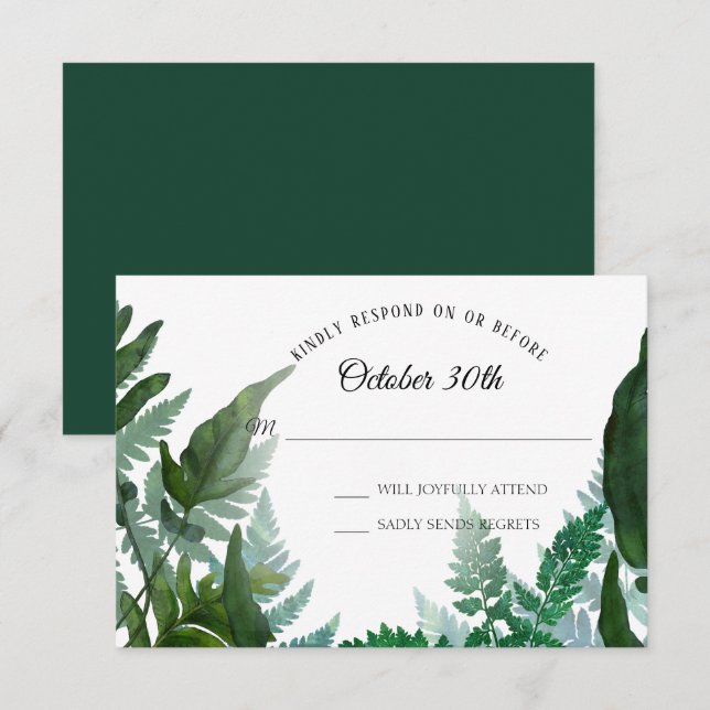 Invitation Ferns Forest Foliage Feuilles de verdure RSVP Mari (Devant / Derrière)