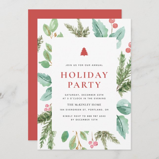 Invitation Festif Aquarelle hiver Foliage Fête (Devant / Derrière)