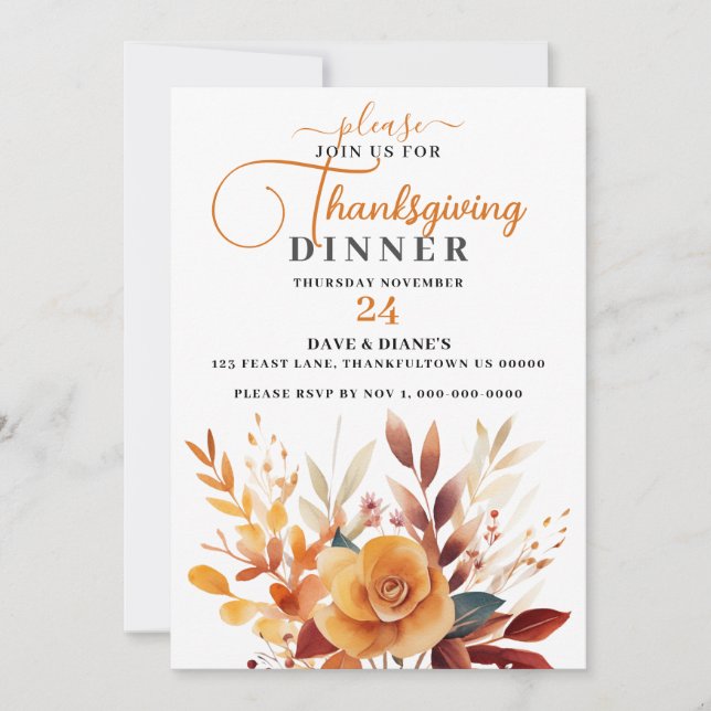 Invitation Festif Bouquet Floral Thanksgiving Dîner (Devant)