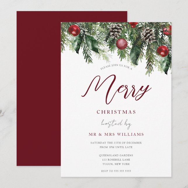 Invitation Festif classique Bourgogne Red Christmas Party (Devant / Derrière)