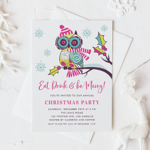 Invitation Festif coloré mignon Neon Owl fête de Noël