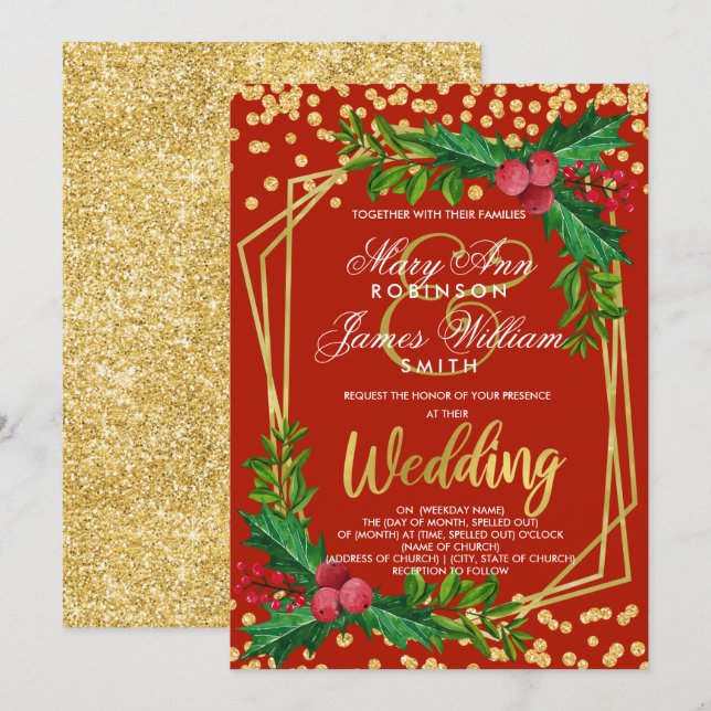 Invitation Festif Gold Red Mariage de Noël Holly (Devant / Derrière)
