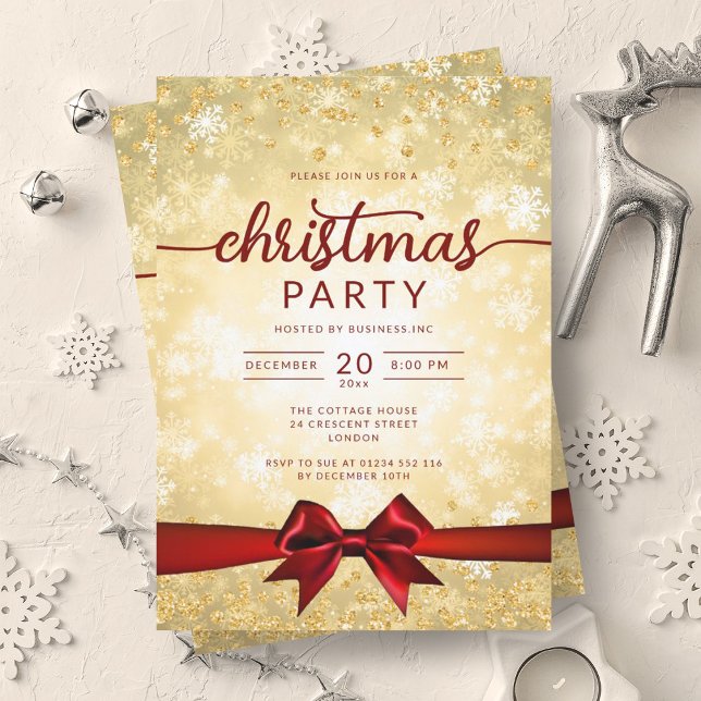 Invitation Festif Gold Winter Snowflakes Company Red Ribbon (Festive Gold Winter Snowflakes Company Red Ribbon Invitation)