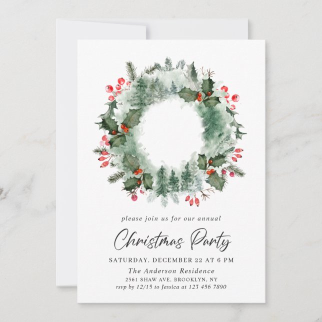 Invitation Festif Holly Berry Wreath Fête de Noël (Devant)