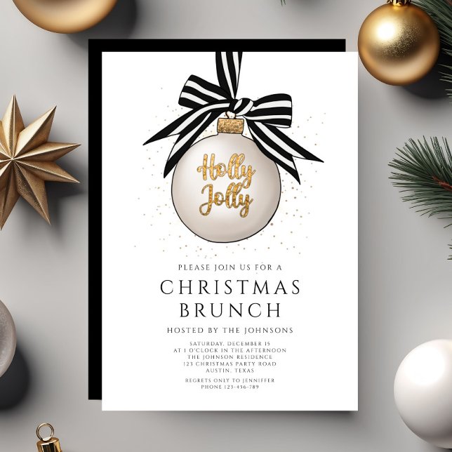 Invitation Festif Noir et Blanc Noir Brunch de Noël (Festive Black And White Gold Christmas Brunch Invitation)