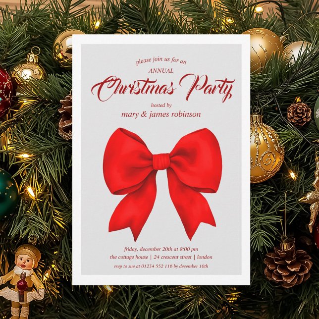 Invitation Festif Red Bow Noël Fête de Noël (Festive Red Bow Christmas Holiday Party Invitation)