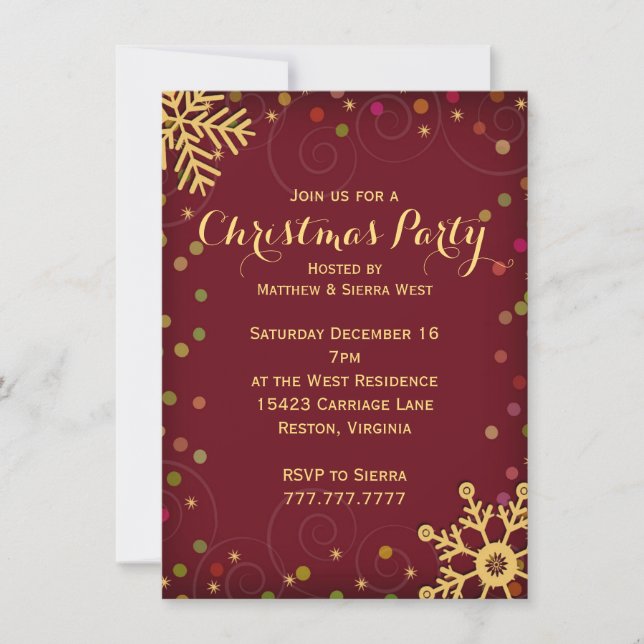 Invitation Festif Red Gold Snowflakes Noël (Devant)