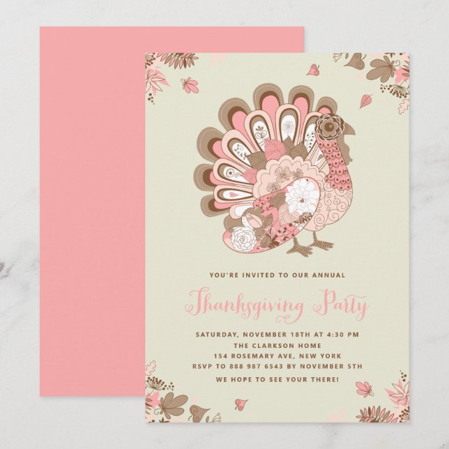 Invitation Festif rose floral Turquie Thanksgiving Party (Devant / Derrière)