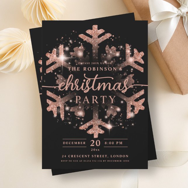 Invitation Festif Rose Gold Hiver Flocon de neige Noir (Festive Rose Gold Winter Snowflake Christmas Black Invitation)