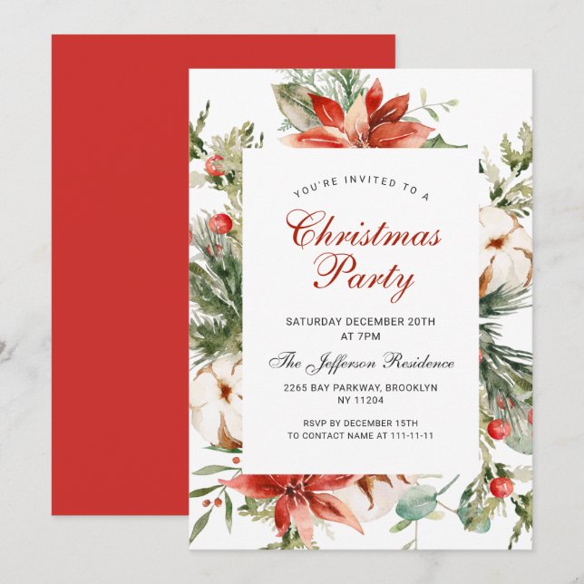 Invitation Festif Rouge Poinsettia Fête de Noël (Devant / Derrière)