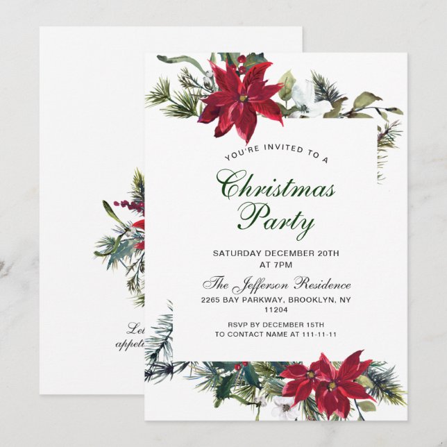 Invitation Festif Rouge Poinsettia Fête de Noël (Devant / Derrière)