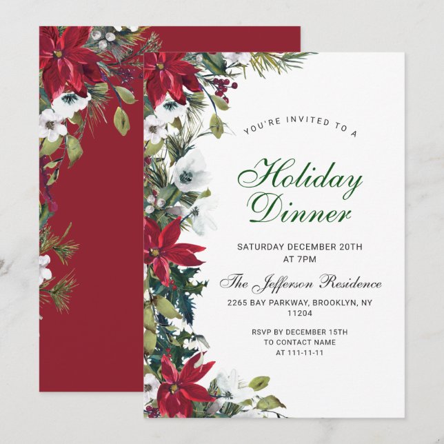 Invitation Festif Rouge Poinsettia Noël Dîner de Noël (Devant / Derrière)
