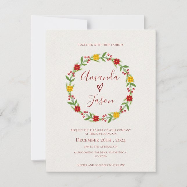 Invitation Festif Serre de Noël Rouge Vert Floral mariage (Devant)