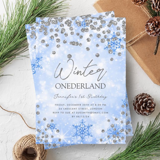 Invitation Festif Silver Blue Winter ONEDERLAND 1er anniversa (Festive Silver Blue Winter ONEDERLAND 1st Birthday Invitation)
