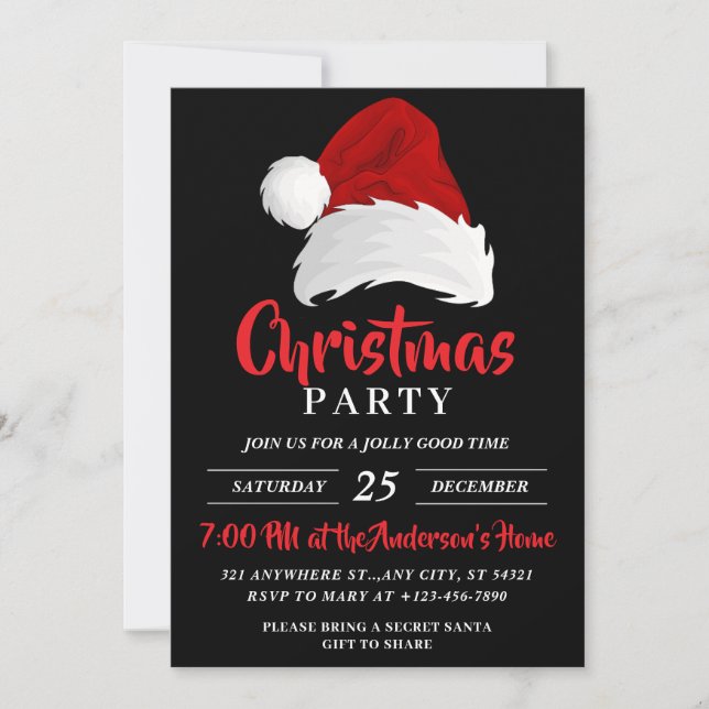 Invitation Festif simple chapeau de Noël, fête de Noël noire (Devant)