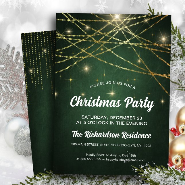 Invitation Festif Sparkling Gold String Lights Green Party (Créateur téléchargé)