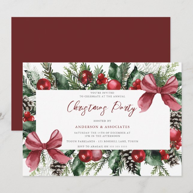 Invitation Festif Tree Balls & Bow Wreath Christmas Party (Devant / Derrière)
