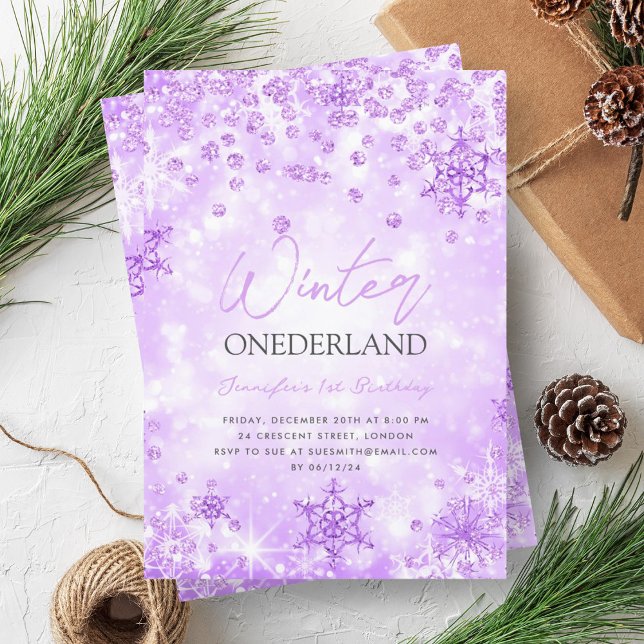 Invitation Festif violet hiver ONÉDORELAND 1er anniversaire (Festive Purple Winter ONEDERLAND 1st Birthday Invitation)
