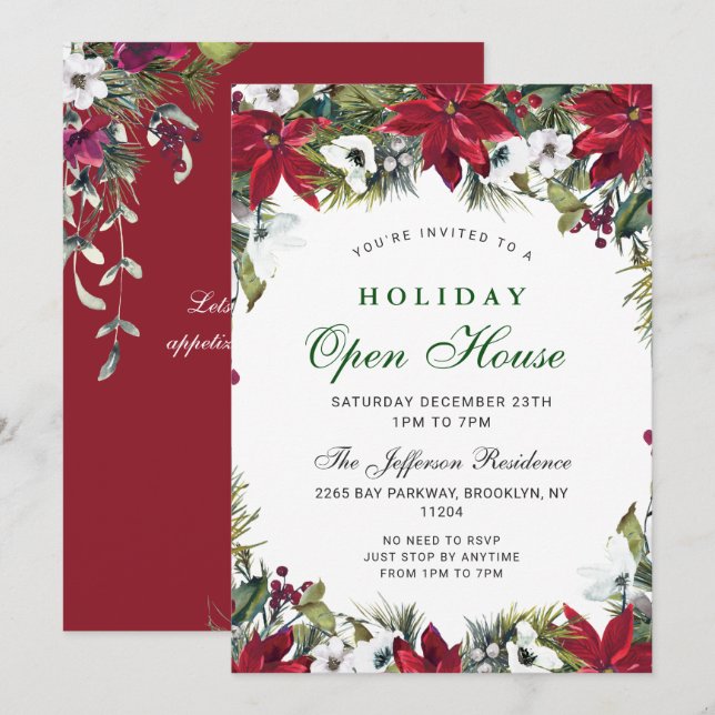 Invitation Festin Poinsettia Noël Maison ouverte (Devant / Derrière)