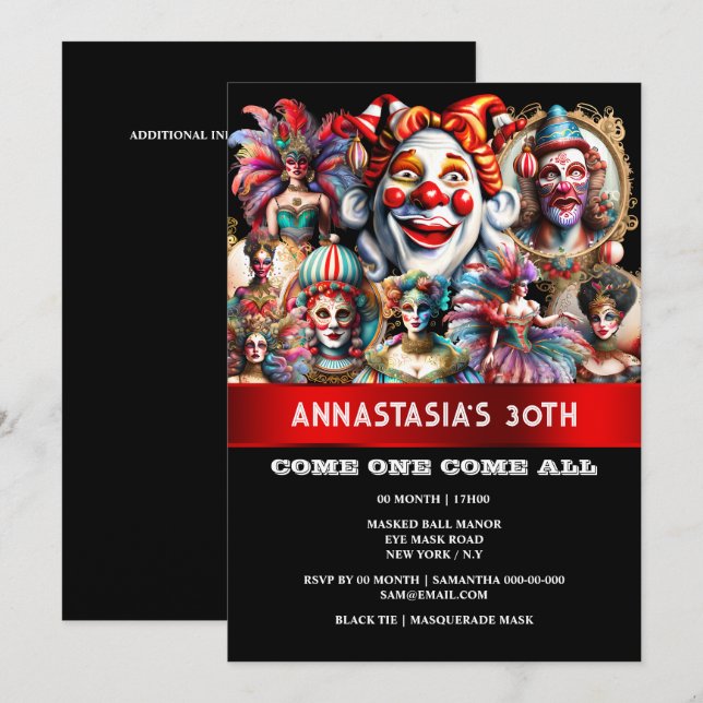Invitation Festival carnaval cirque clowns showman showgirls (Devant / Derrière)