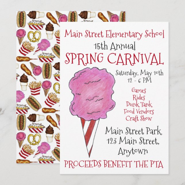 Invitation Festival du carnaval de printemps Pink Cotton Cand (Devant / Derrière)